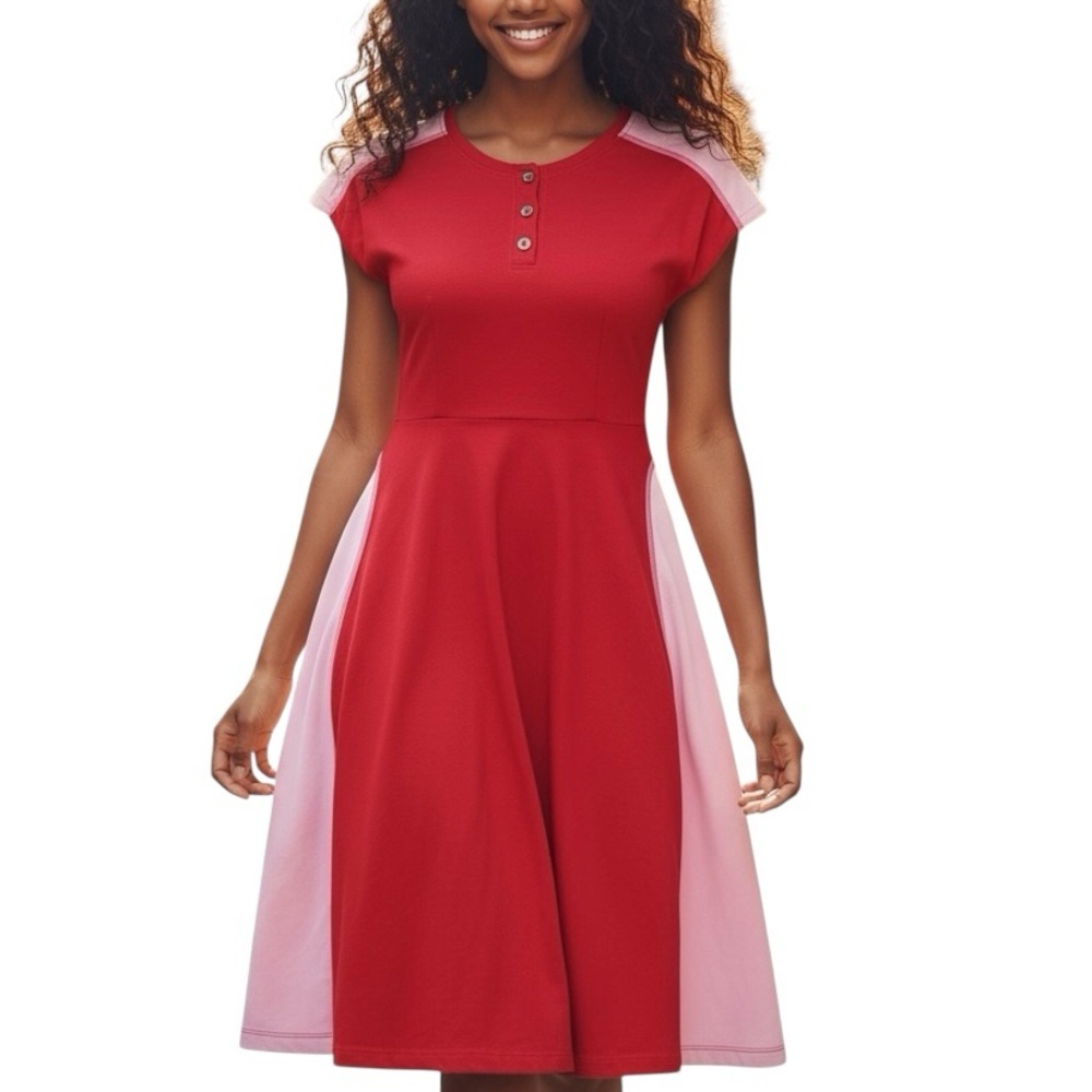 eShakti Red and Pink Button Midi Dress